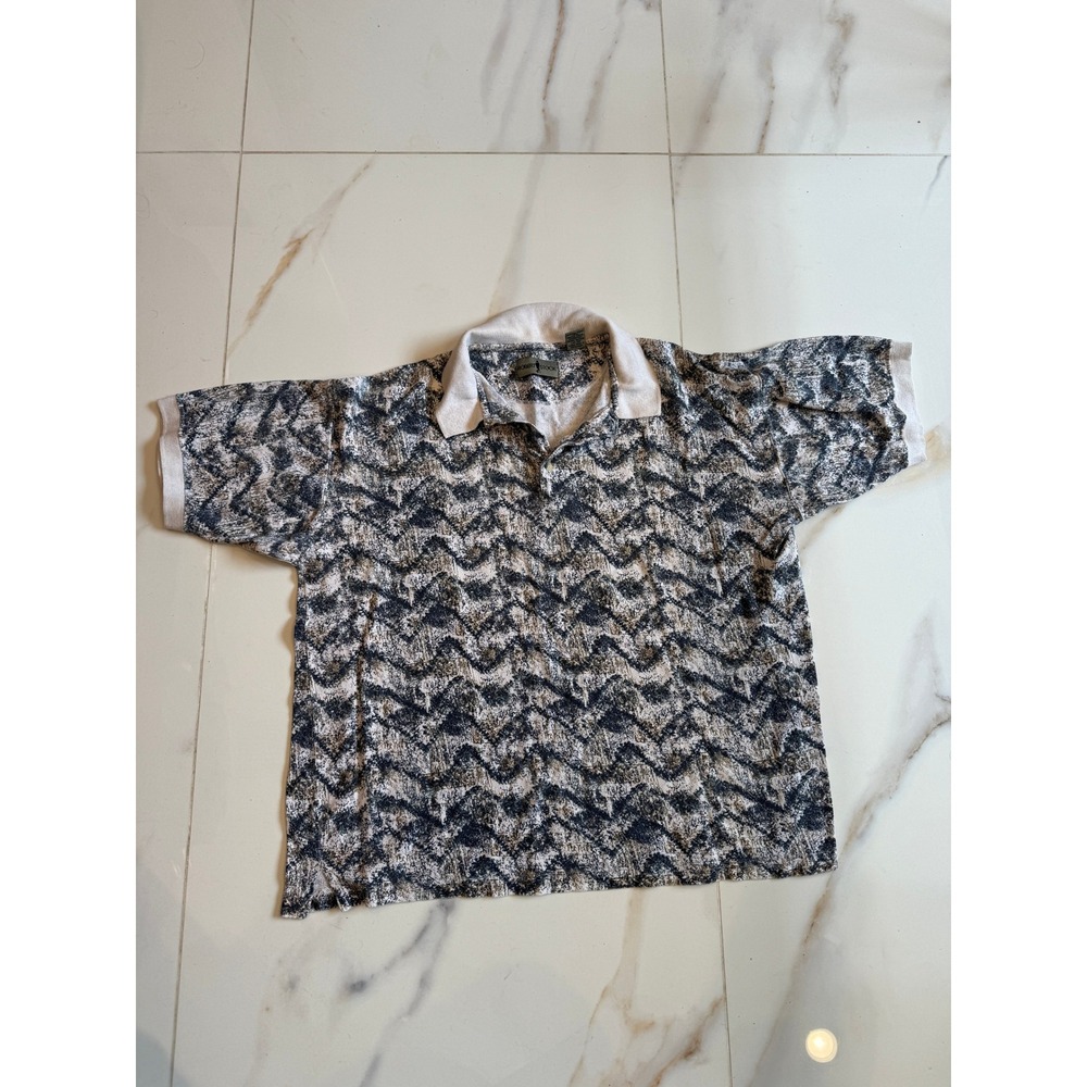 Robert‎ Stock Mens Large Vintage Cotton Linen Abstract Chevron Polo Shirt Grey L